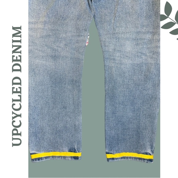 Upcycled High Rise Straight Leg Jeans Patchwork Ribbon Tropical Blue Size 26 - Picture 8 of 9